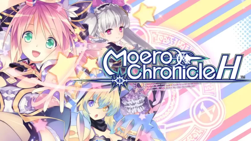 Обложка игры Moero Chronicle с яркими персонажами и магическим фоном