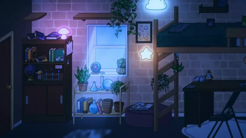 Screenshot с космической кроватью и плавающими книгами