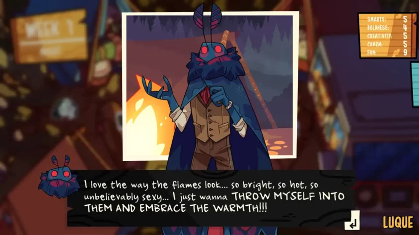 Скриншот с персонажем, обсуждающим художника Густава Климта в Monster Prom 2