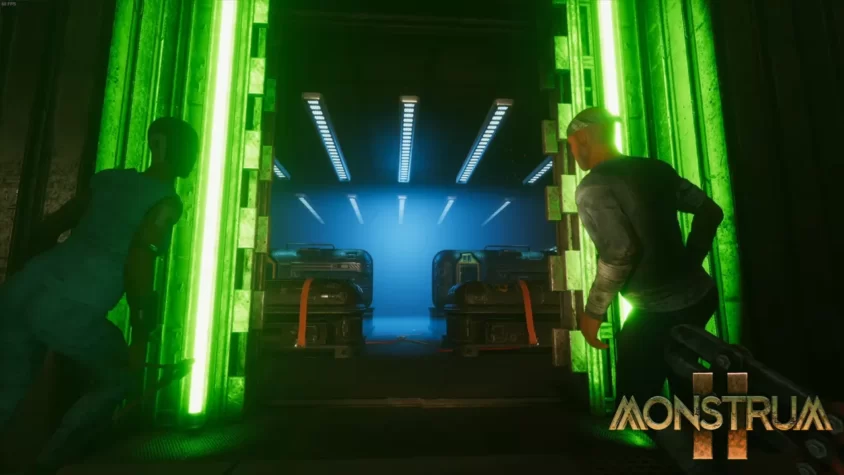 Персонаж и дверь с зелеными огнями в игре Monstrum 2