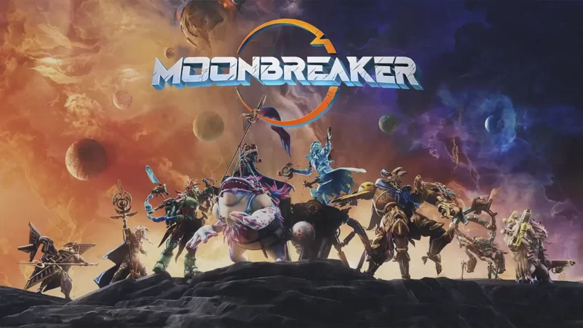 Обложка игры Moonbreaker с командой героев на фоне космического пейзажа