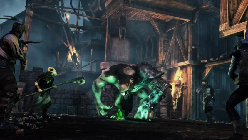 Сцена из игры Mordheim: City of the Damned с монстрами и героями на фоне разрушенного города