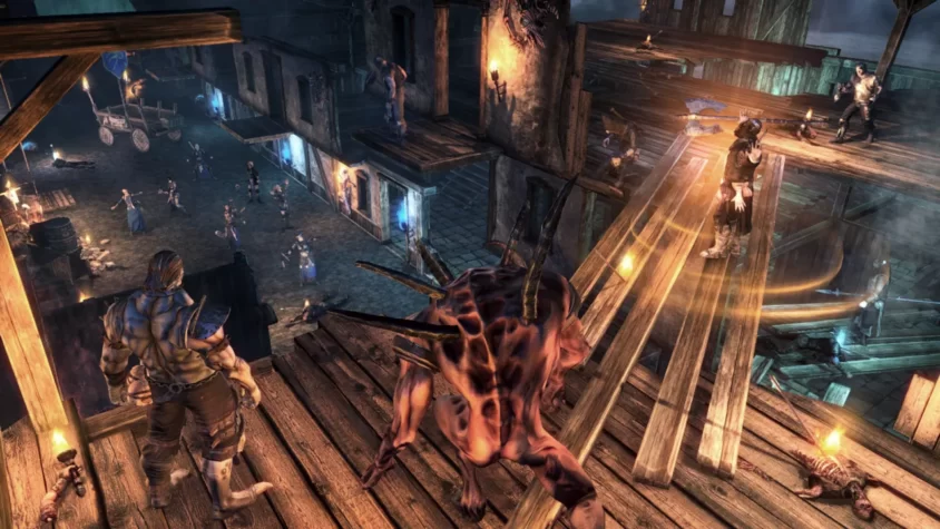 Сцена из игры Mordheim: City of the Damned с персонажами и боем на деревянных платформах