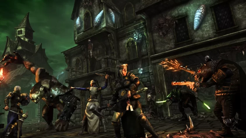 Сцена из игры Mordheim: City of the Damned с персонажами и монстрами на фоне разрушенного города