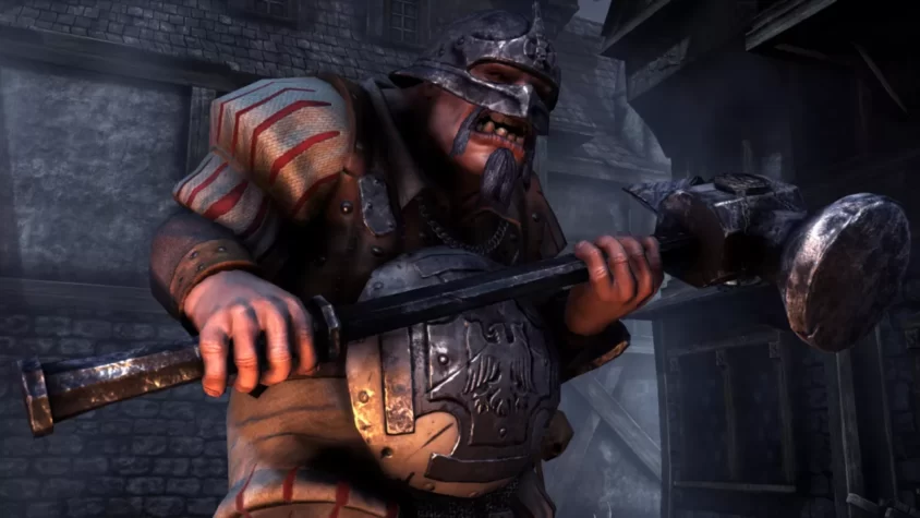Сцена из игры Mordheim: City of the Damned с крупным планом персонажа с молотом