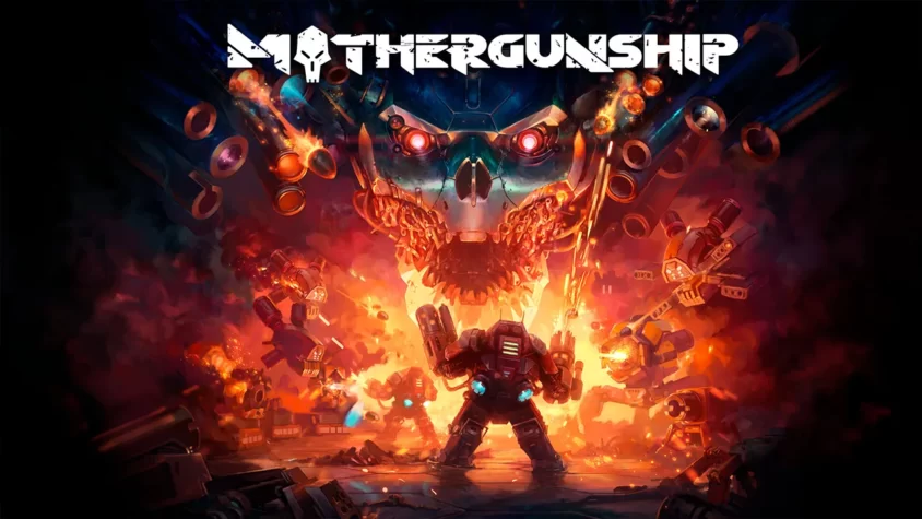 Mothergunship — Обложка Обложка игры Mothergunship с разрушающимися роботами и мощным оружием
