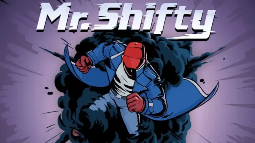 Mr. Shifty Герой в стильном костюме с шлемом, врывающийся через облако дыма