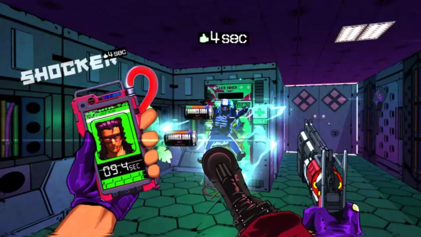 Враг под током, игрок целится с таймером и напитками Boomer Soda на экране