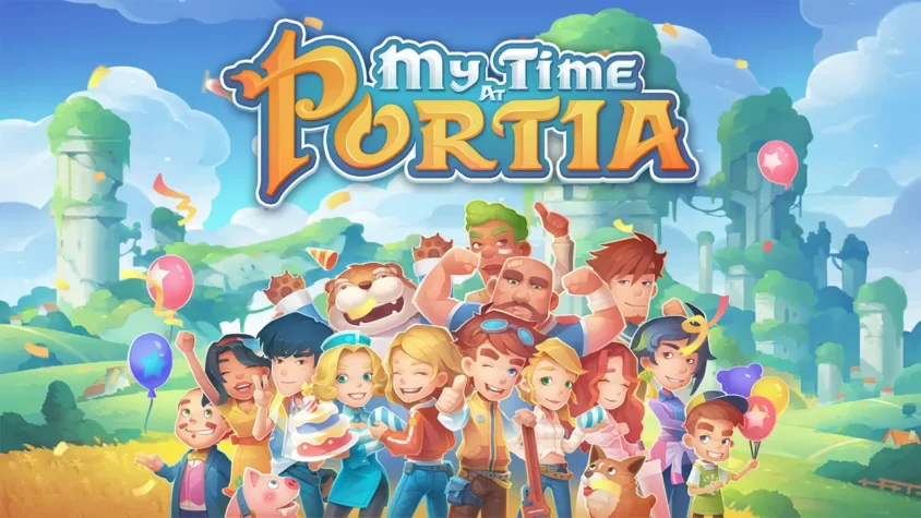 Обложка игры My Time at Portia, на которой изображены персонажи, веселящиеся на фоне яркого пейзажа