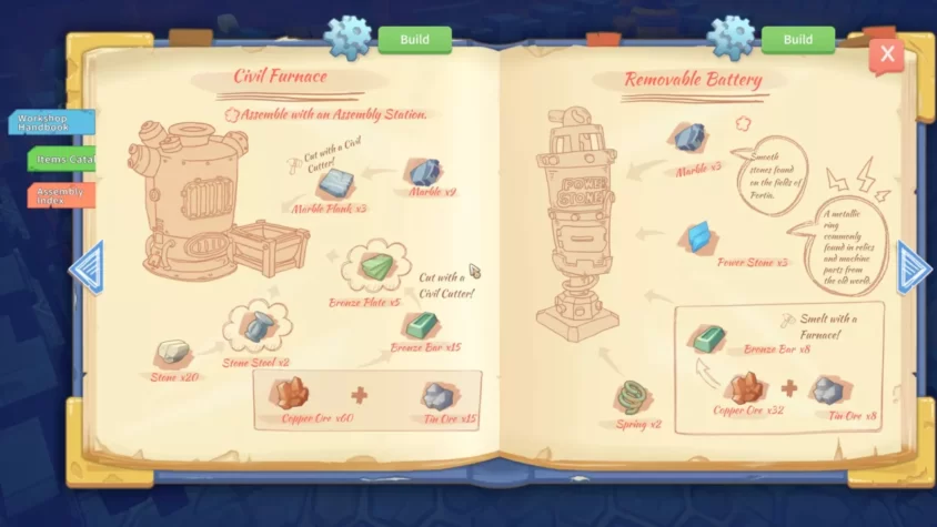 Меню сборки в игре My Time at Portia, показывающее материалы для создания объектов
