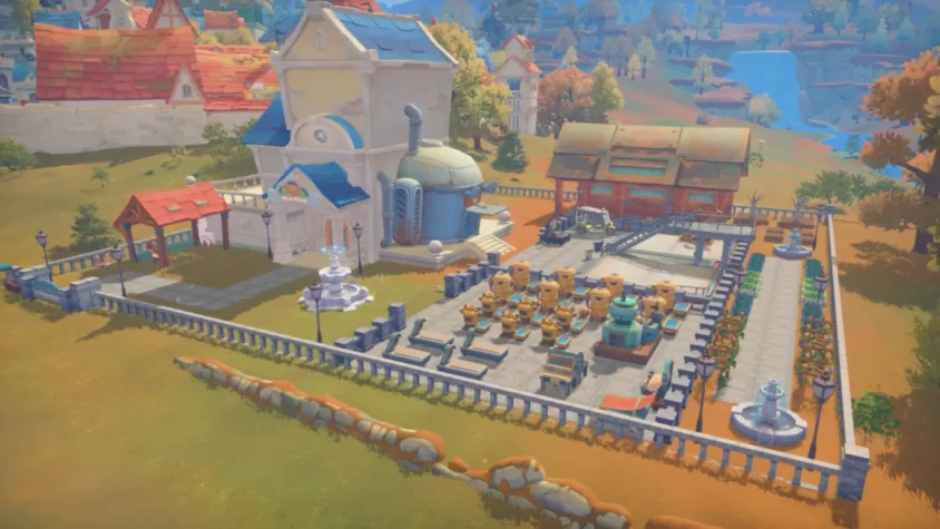Мастерская в игре My Time at Portia, с оборудованием и строительными материалами