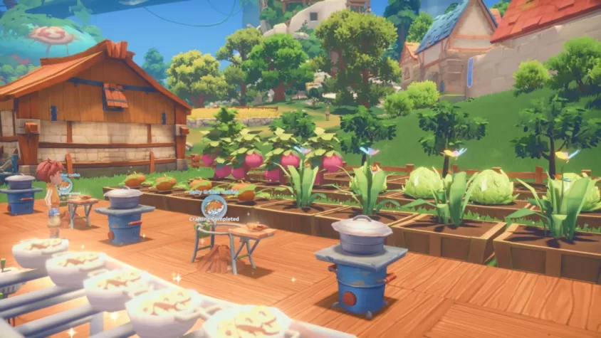 Ферма и мастерская в My Time at Portia с растениями и процессом кулинарии