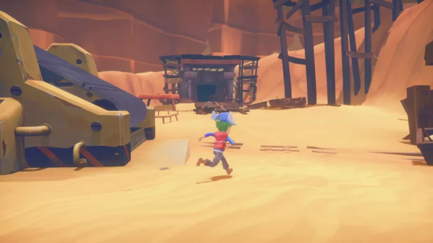 Персонаж игры My Time at Portia бежит по пустынной местности к разрушенному объекту