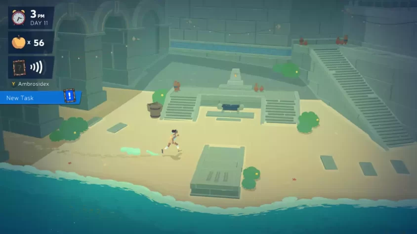 Персонаж бегает по пляжу на острове в Mythwrecked: Ambrosia Island