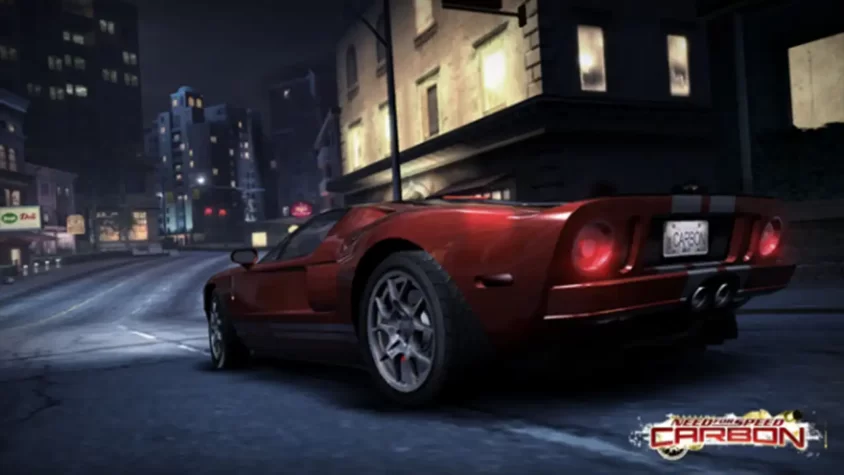 Желтый Lamborghini на ночной трассе в игре Need for Speed: Carbon