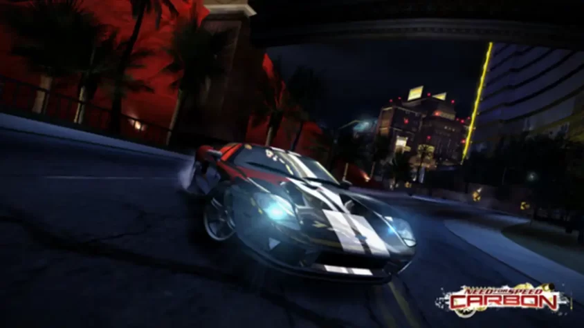 Красный Ford GT на ночной трассе в игре Need for Speed: Carbon