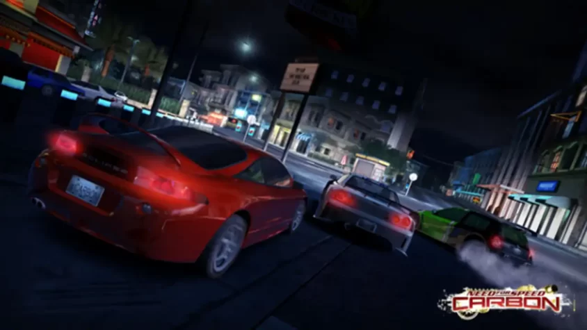 Чёрный спортивный автомобиль на ночной трассе в игре Need for Speed: Carbon