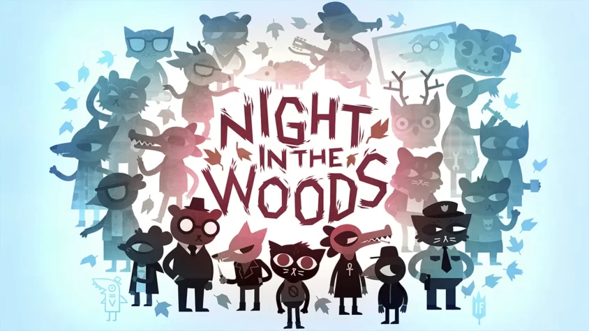Обложка игры Night In The Woods, где главные персонажи в виде животных, каждый со своей уникальной позой и стилем.