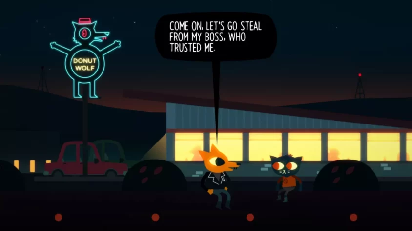 Персонажи стоят рядом с кафе Donut Wolf, обсуждают, как же здорово быть честным и воровать у тех, кто тебе доверяет.