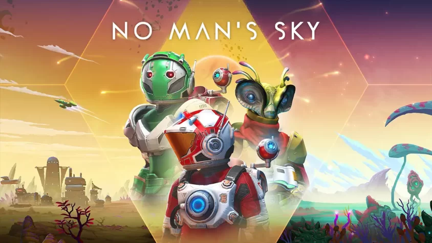 No Man's Sky: Обложка игры Обложка игры No Man's Sky, на которой изображены персонажи в скафандрах и инопланетяне