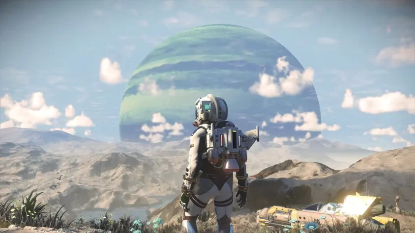 Персонаж из игры No Man's Sky на планете с красивым небом и огромной планетой в фоне