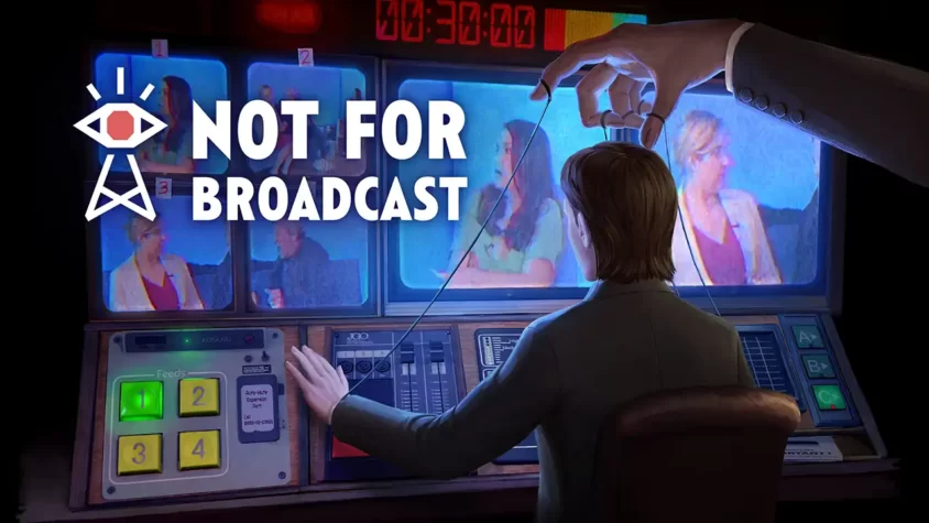 Not for Broadcast VR - Обложка игры Покрытие игры 'Not for Broadcast VR' с изображением пульта управления и телевизионных экранов