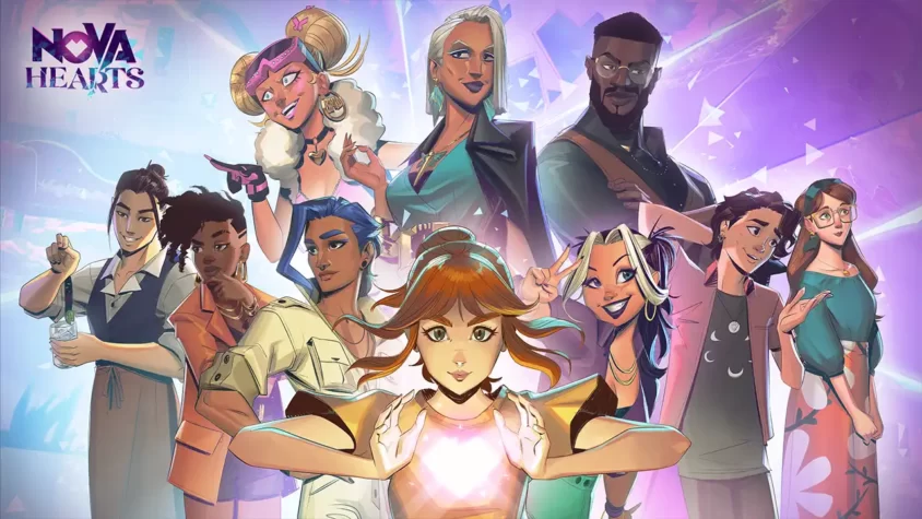 Обложка игры Nova Hearts, где собралась команда ярких персонажей с суперспособностями