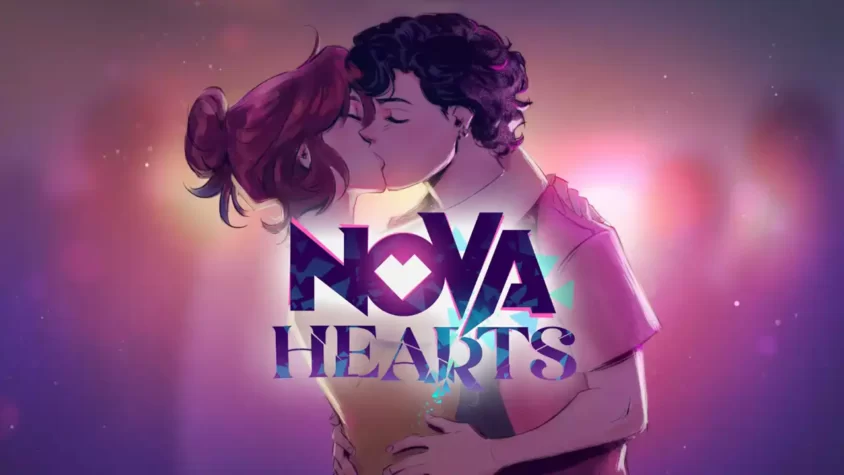 Nova Hearts: The Spark Обложка игры с поцелуем главных персонажей на фоне ярких огней