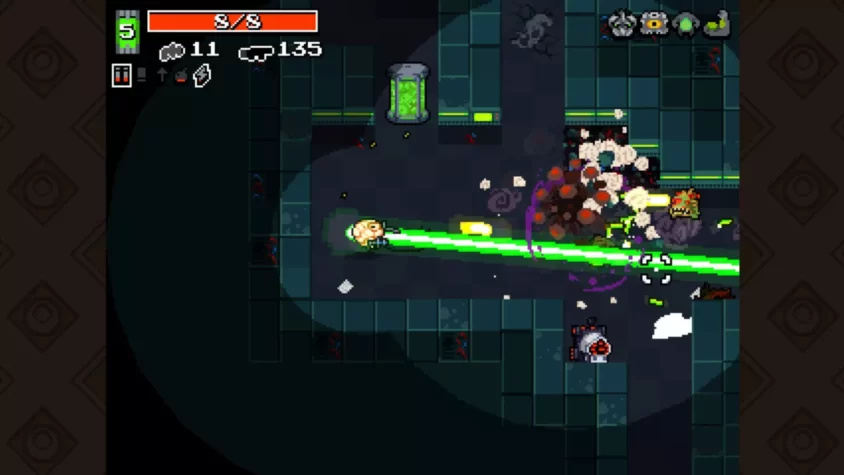 Герой игры расправляется с врагами в Nuclear Throne с лазерным оружием
