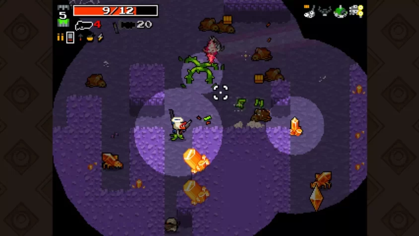 Герой с оружием и ловушки на фоне пустынного ландшафта в Nuclear Throne