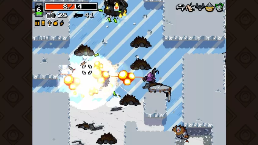 Персонаж с оружием в снежном ландшафте, окруженный врагами в Nuclear Throne