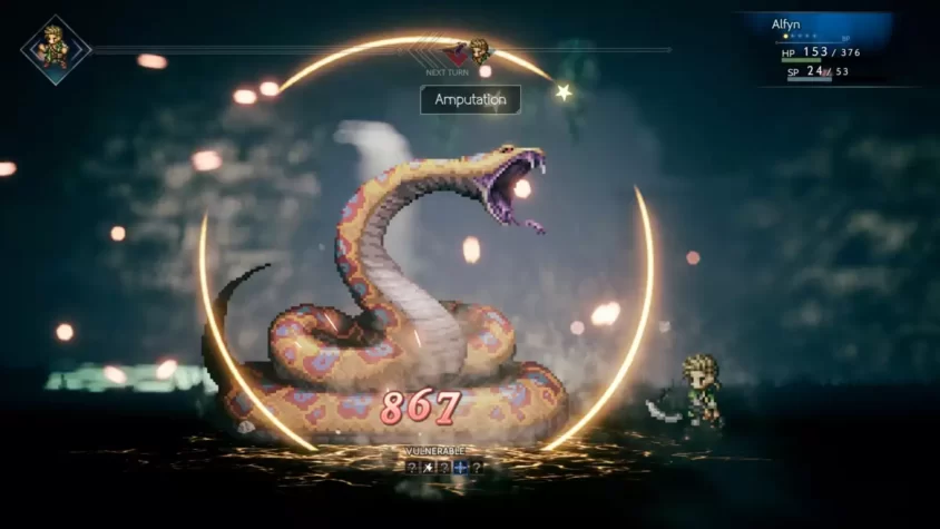 Персонаж атакует змею в Octopath Traveler