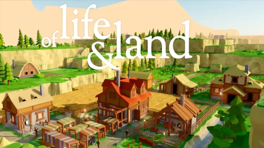Обложка игры 'Of Life and Land' с изображением ярких полигональных домов и природы