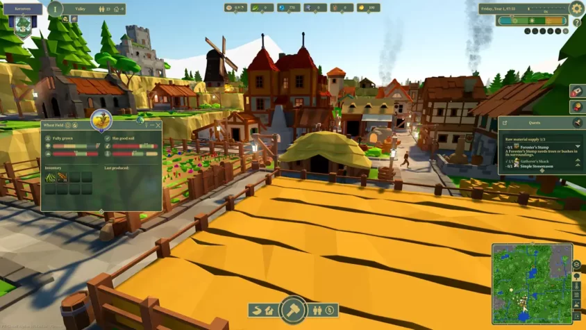 Скриншот из игры 'Of Life and Land' с полями пшеницы и зданиями