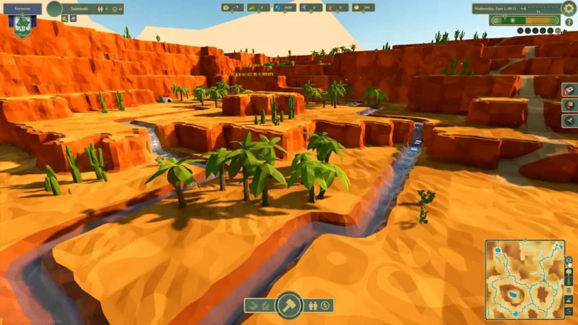 Скриншот из игры 'Of Life and Land' с видом на засушливые земли