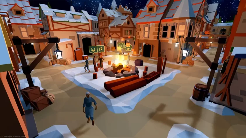 Скриншот из игры 'Of Life and Land' с заснеженным городом