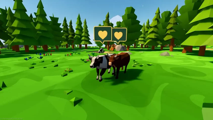 Скриншот из игры 'Of Life and Land' с животными и деревьями