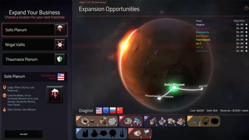 Экран выбора места для расширения бизнеса в игре Offworld Trading Company