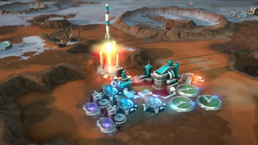 Сцена с запуском ракеты на планете в игре Offworld Trading Company