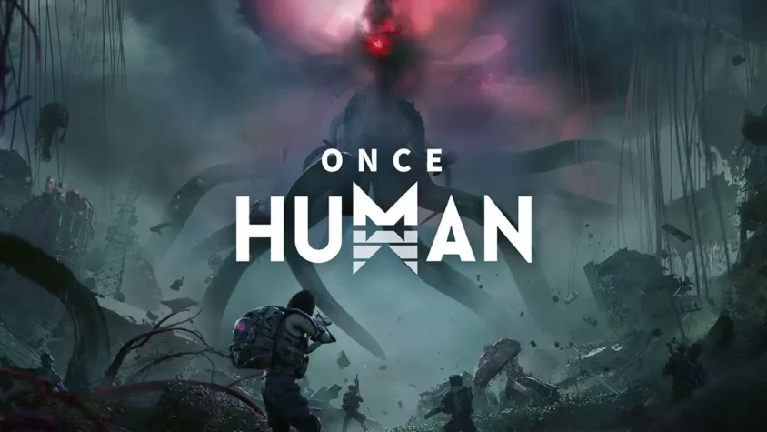 Обложка игры Once Human, где гигантское существо нависает над разрушенным миром, с ярким красным светом в центре