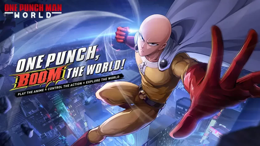 One Punch Man: World - Обложка игры Сайтама в полете среди разрушений. В лучших традициях: бьет всех одним ударом, а вот с эмоциями – сложно.