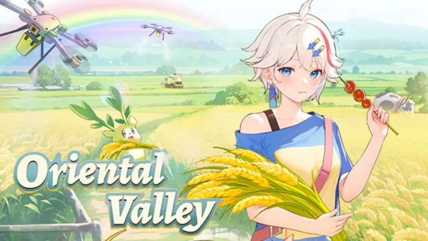Oriental Valley - Главная обложка Главная обложка игры с персонажем на фоне поля и дронов