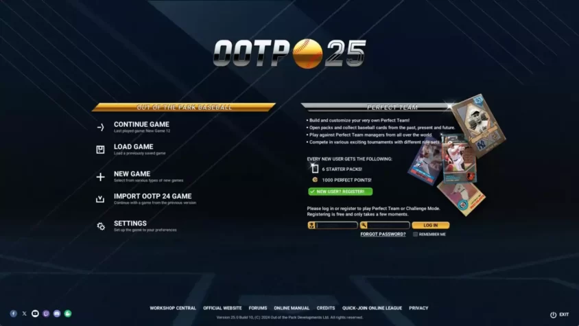 Главное меню игры Out of the Park Baseball 25