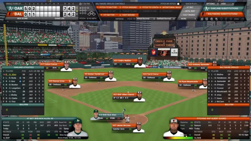 Визуализация игры в Out of the Park Baseball 25 с данными игроков