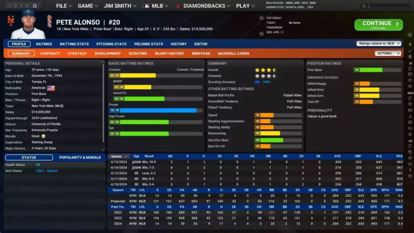 Профиль игрока в Out of the Park Baseball 25