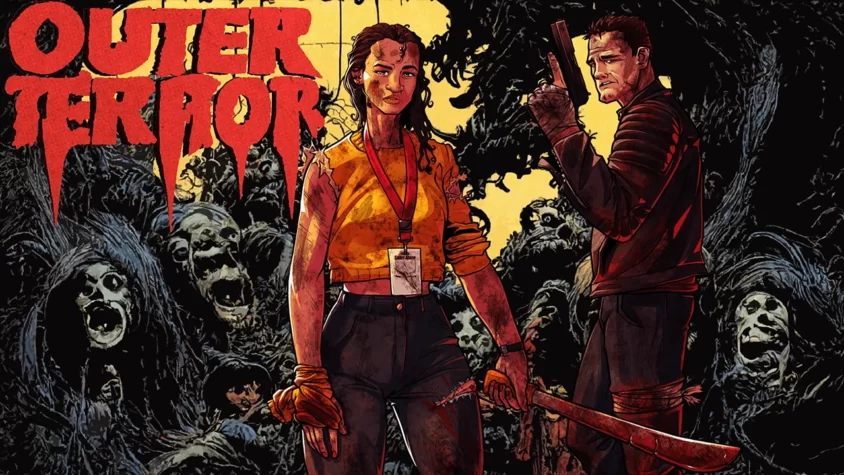 Обложка игры Outer Terror Двое вооружённых героев стоят среди орды зомби в стиле комикса
