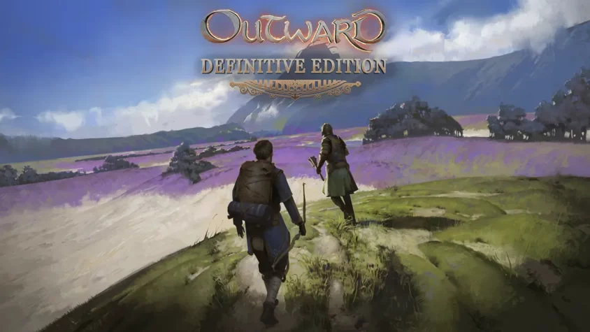 Офисное искусство с двух персонажей, идущих по живописному ландшафту в Outward
