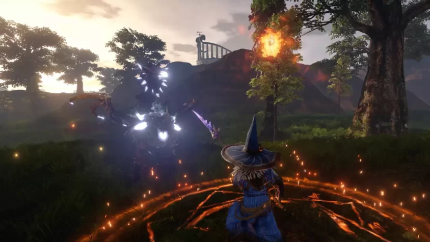 Сражение с магией на фоне яркого заката в игре Outward