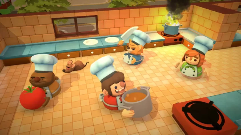 Игровой процесс в кухне Overcooked с хаосом и персонажами