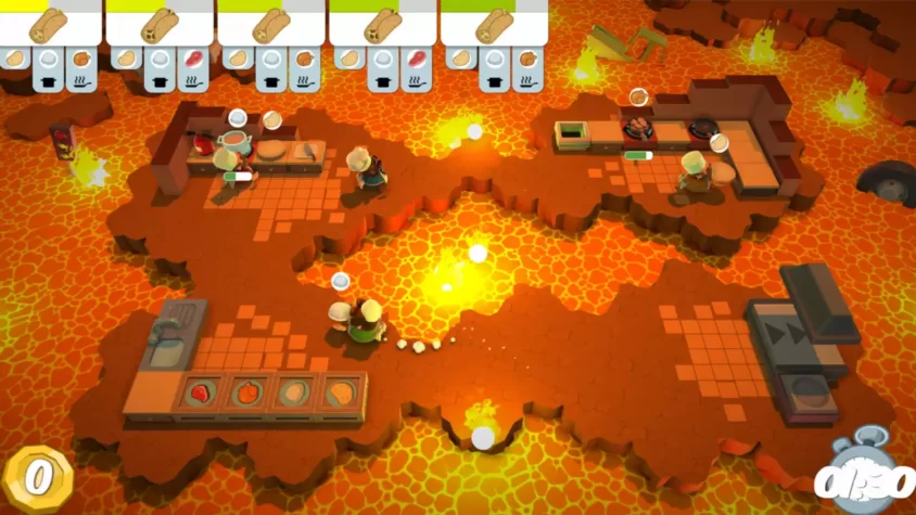 Горячая кухня на лаве в Overcooked с лавой и опасными перегрузками